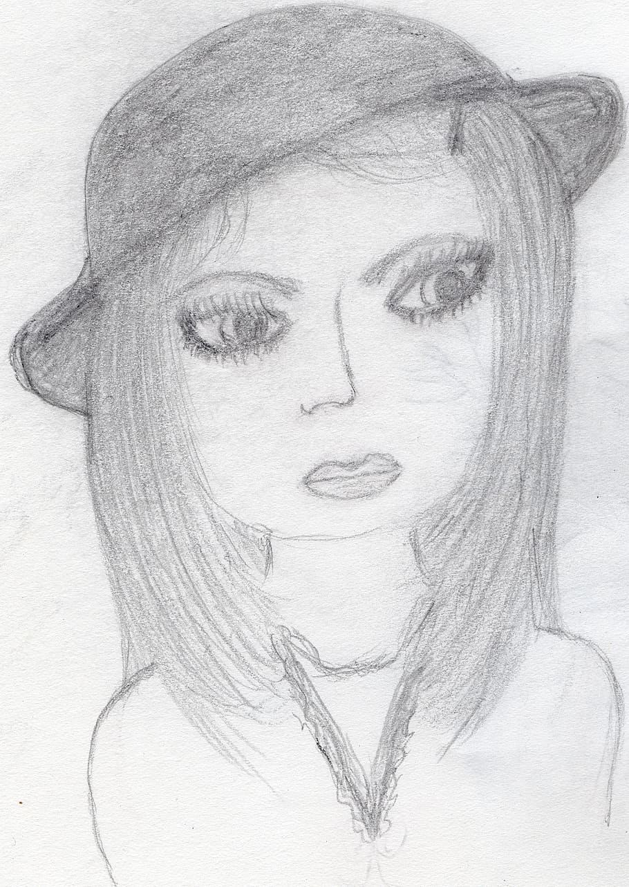 drawing, drawn, face, girl, hat, portrait, art, one person, headshot, hair  | Pxfuel
