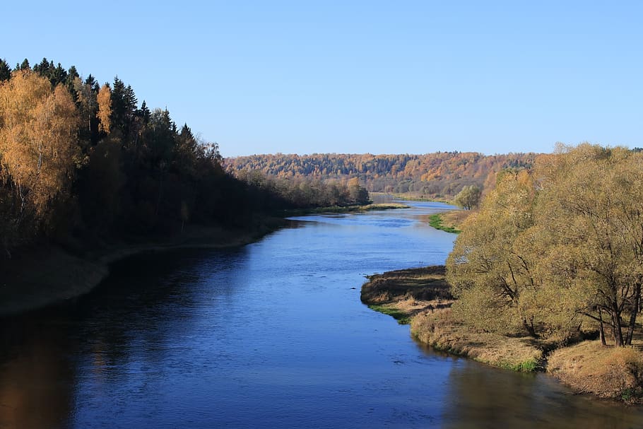 musim gugur, sungai, hutan, langit, bayangan, biru, wilayah moskow, tanaman, lanskap, air