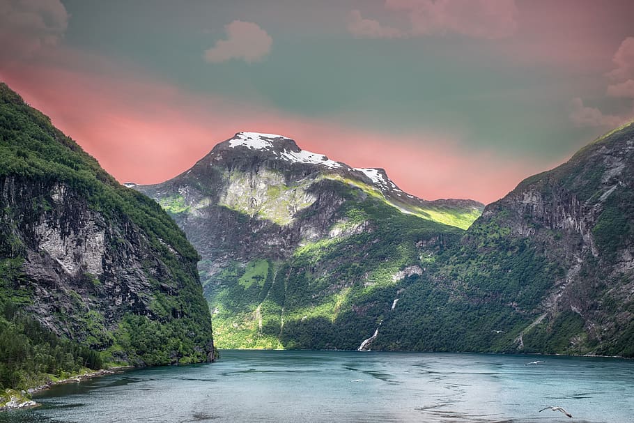 fjords, norway, landscape, nature, mountain, sea, clouds, sky, beauty in nature, scenics - nature