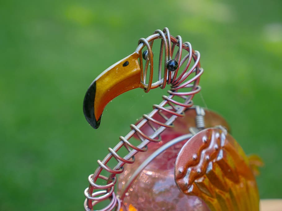 closeup, wire flamingo decoration, lawn, flamingo, art, wildlife, beak, beautiful, bright, glass