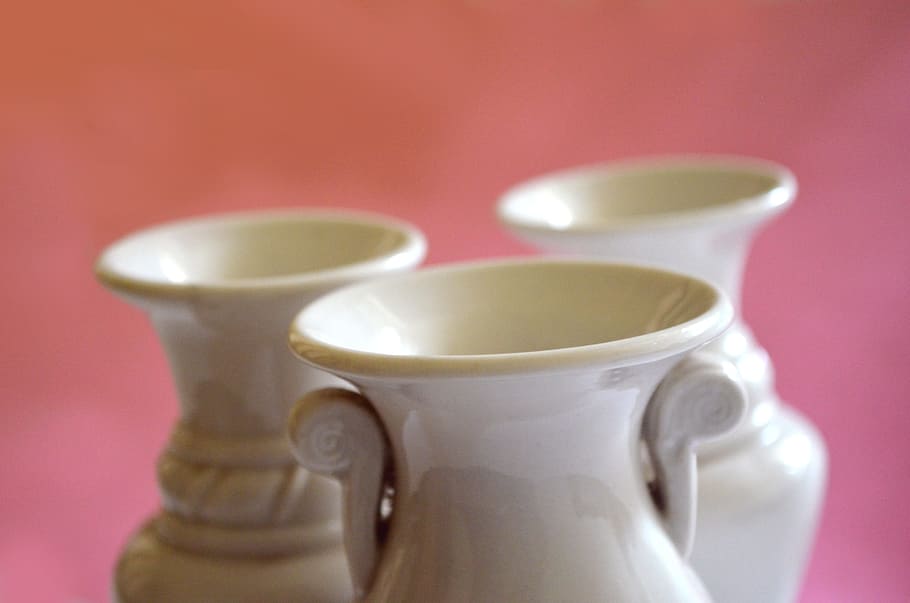 white flower vases, concepts, decoration, ideas, cup, food and drink, drink, colored background, mug, porcelain