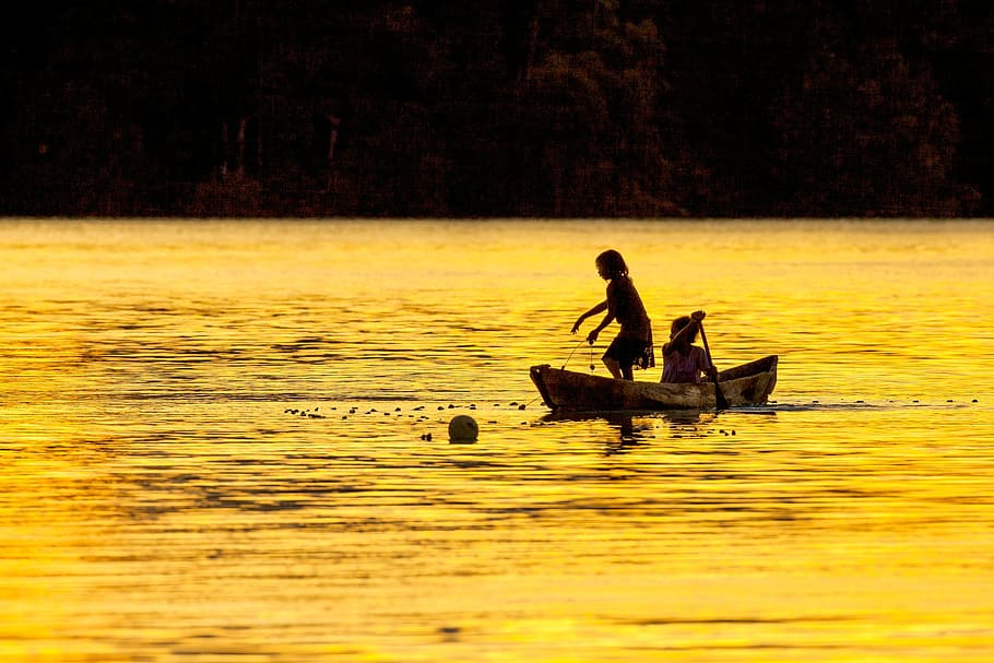sunset, river, water, lake, kid, child, children, sister, sibling, boat