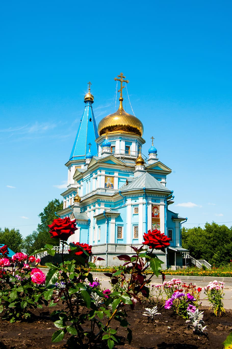 architecture, cathedral, church, temple, cross, sky, flowers, building, religion, christianity