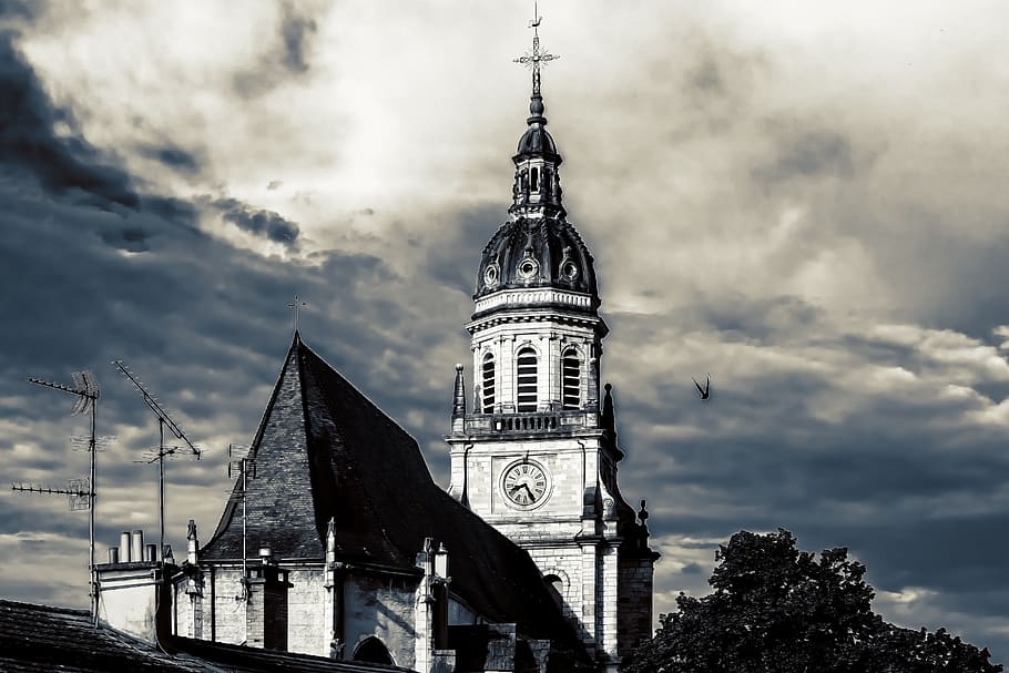 church, tower, sky, clouds, gloomy, architecture, building, steeple, clock, church clock