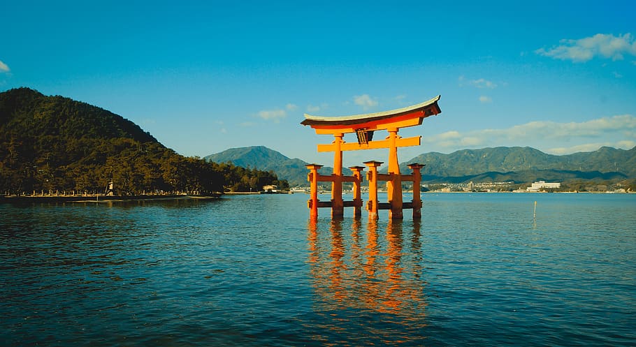itsukushima shrine, miyajima, hiroshima, sanctuary, japan, torii, itsukushima, sea, temple, water