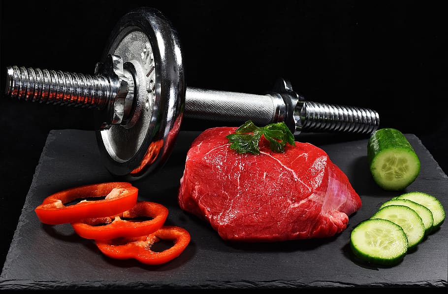 meat, dumbbell, cucumber, pepper, food, muscles, exercise, dumbbells, strengthening, training