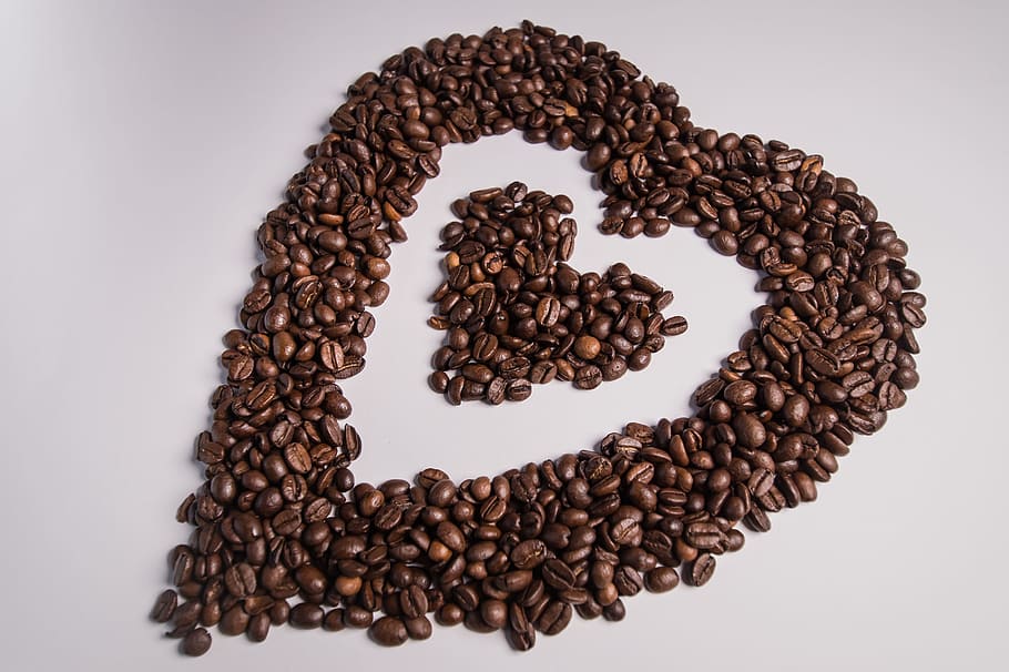 kopi, kacang-kacangan, cinta, hati, putih, latar belakang, surat, panggang, segar, minum