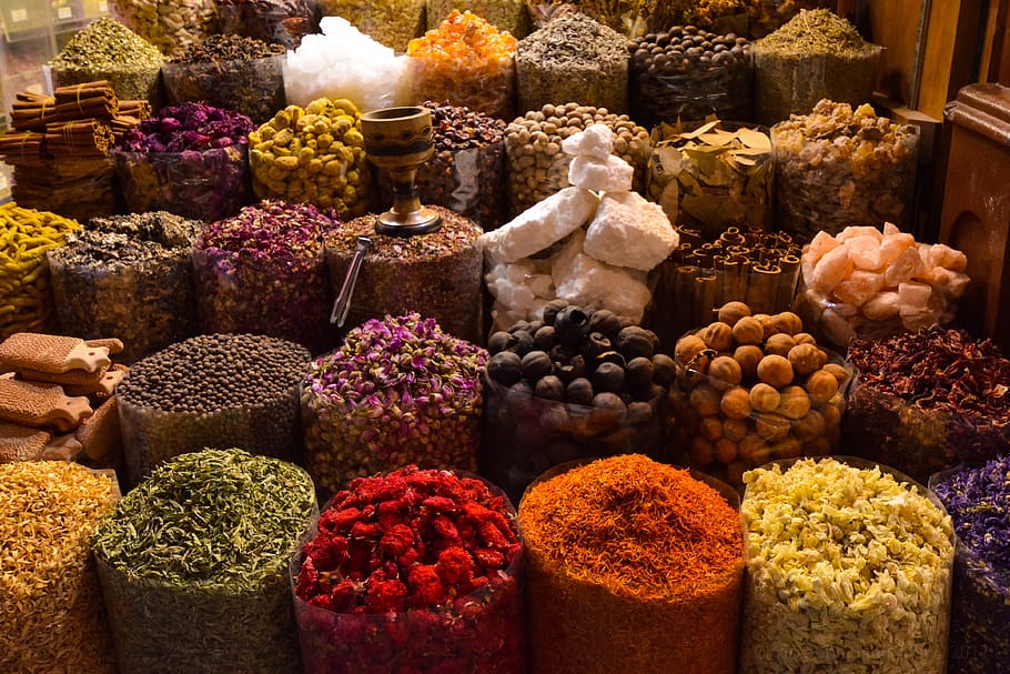 especiarias, souks, bazar, árabe, dubai, coloridos, mercado, loja, tradicional, cores