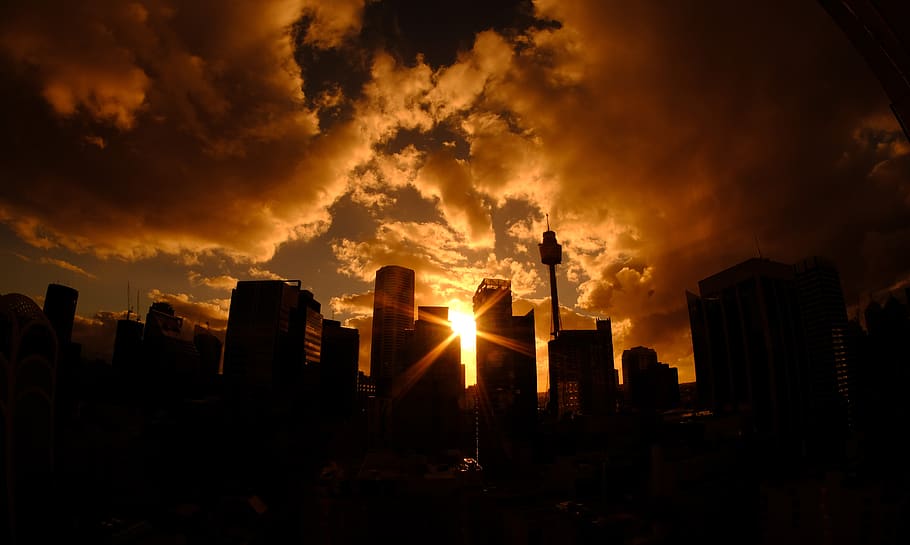 sydney, horizonte, torre, puesta de sol, sol vespertino, arquitectura, anochecer, australia, fondo de pantalla 4k, exterior del edificio