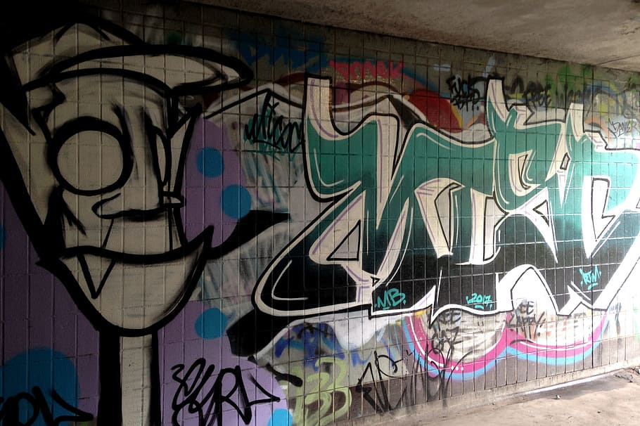 grafite, passagem subterrânea, abaixo, manchester, interior, anel viário, maneira mancuniana, maneira., arte de rua, parede