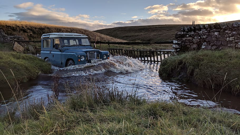 land rover, ford, river, stream, 4x4, nature, crossing, landscape, transportation, grass