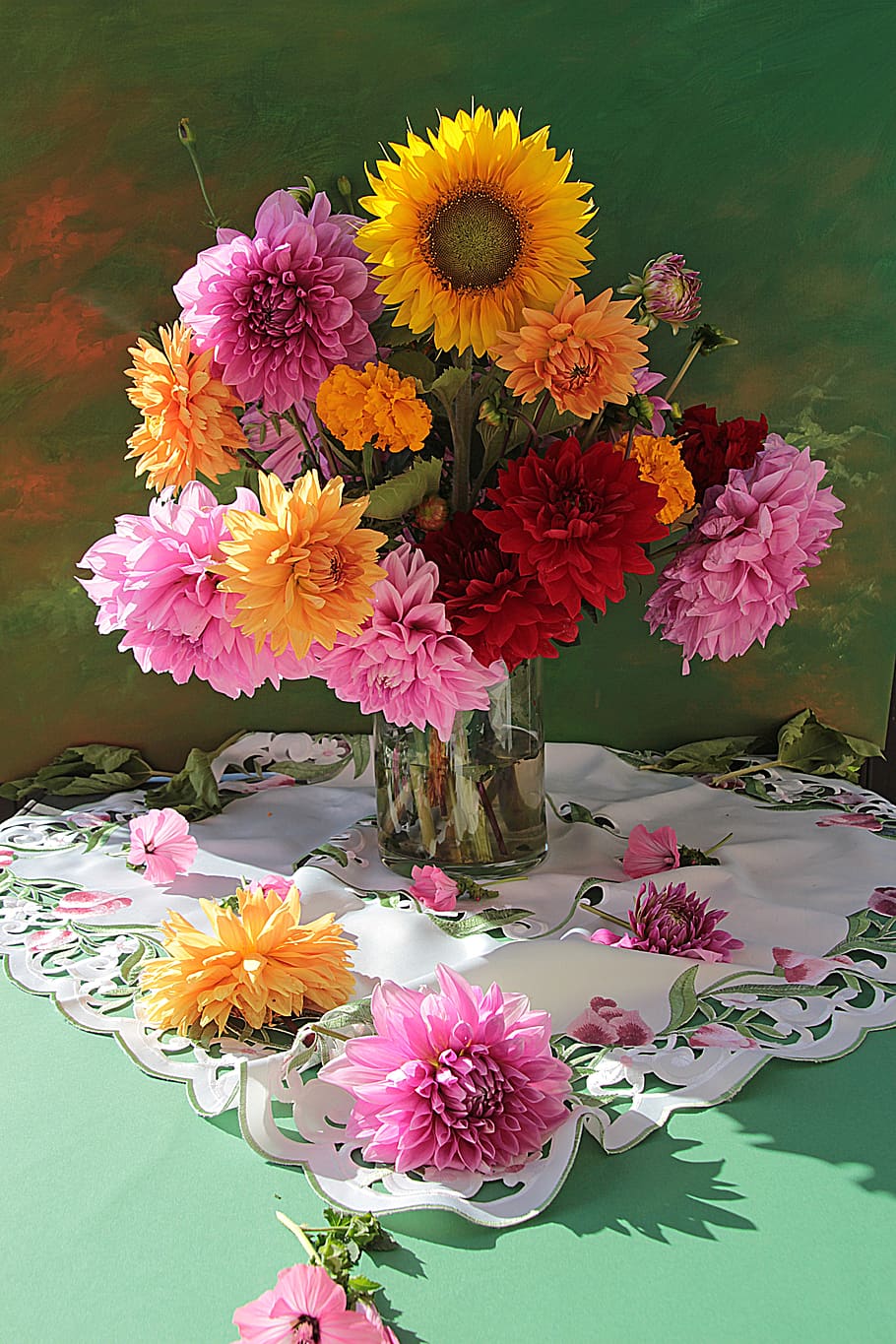 bunga, tanaman, alam, buket, warna, musim panas, vas bunga, taplak meja, dekoratif, warna-warni