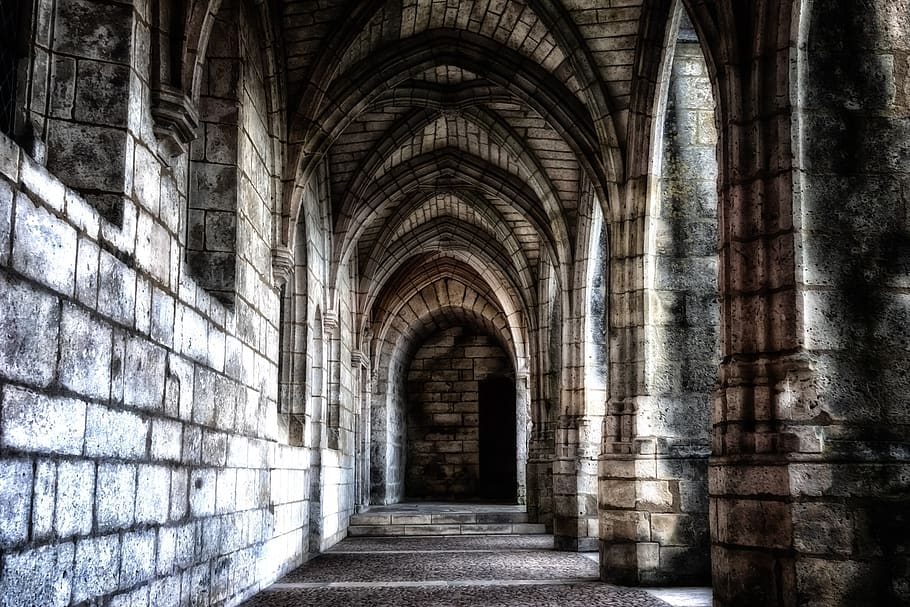 cloister, monastery, abbey, france, brantome, gang, vault, building, historically, stone