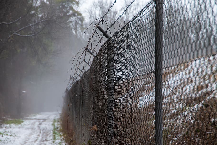 fence, haze, fog, caught, locked out, imprisoned, protection, landscape, away, demarcation
