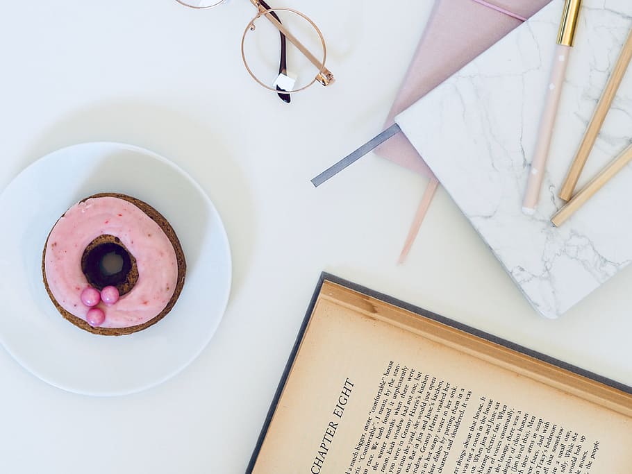 glasses, pink, donut, breakfast, food, open, book, read, plate, minimal