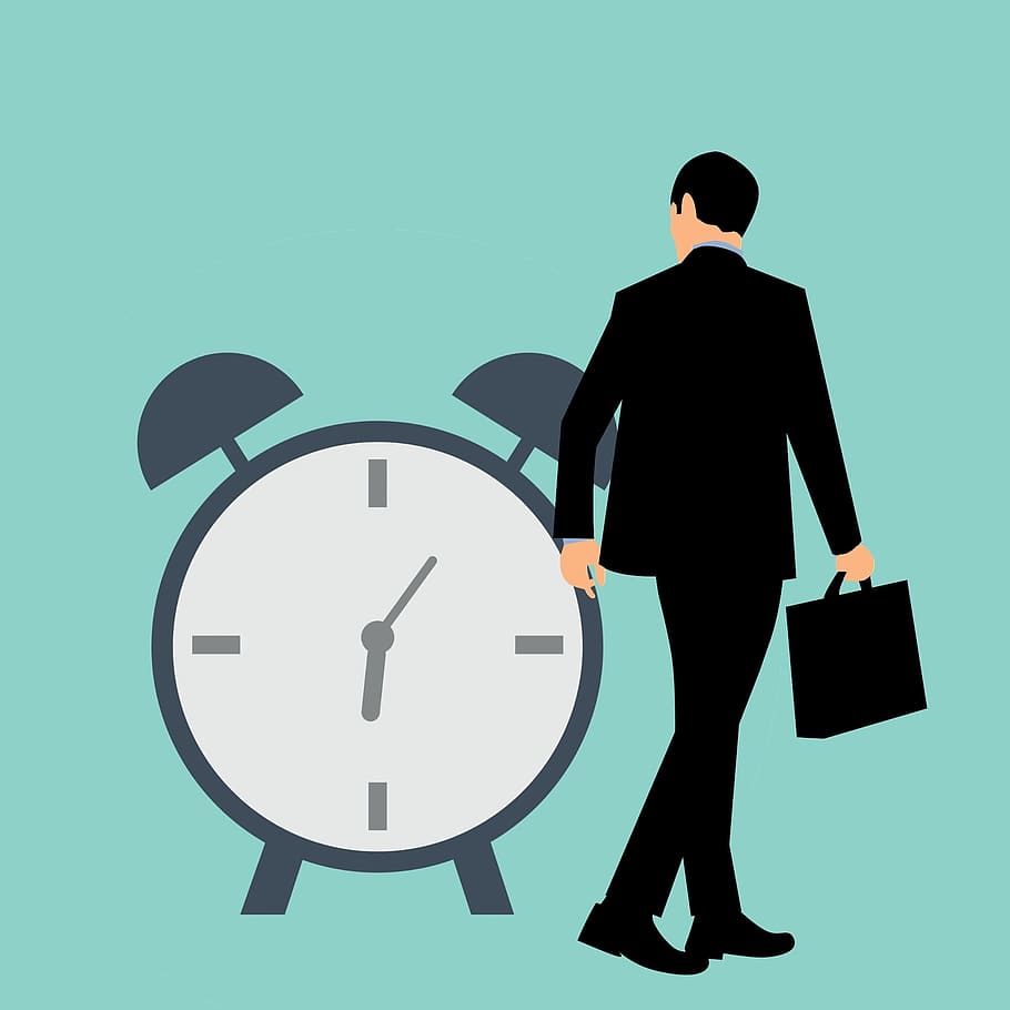 illustration, businessman, briefcase, walking, past, alarm clock, clock., clock, timeline, hourglass