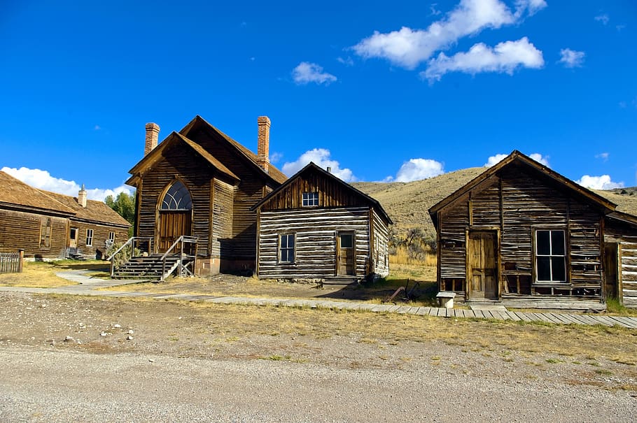 church and two houses, bannack, montana, bannack state park, historic, vigilante, west, gold, mining, scenery