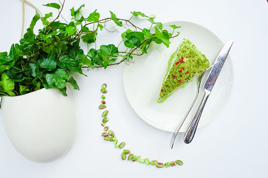 pistachio cake, afternoon tea, cake, cutlery, green, leaves, pistachio, plant, plate, white