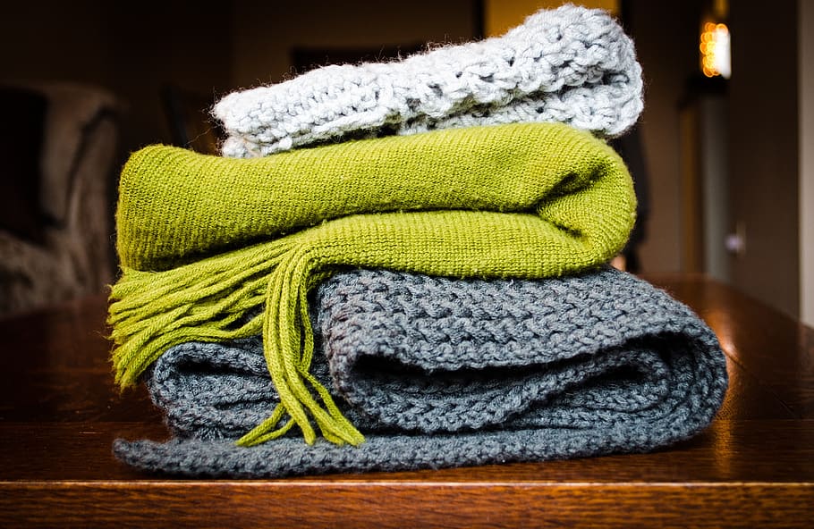 blanket, scarf, cold, cloth, table, green, grey, wool, indoors, winter