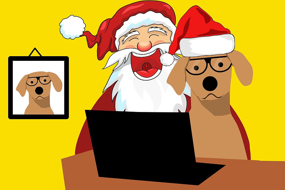 ilustração, santa cláusula, cão, vestido, férias de natal, feriados, natal, santa, mesa, computador portátil