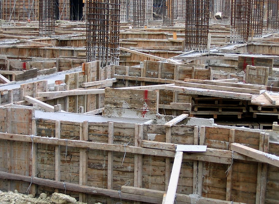 - concreto, derramado, fundações, construção, habitação, arquitetura, projeto, plano, fundação, escavar