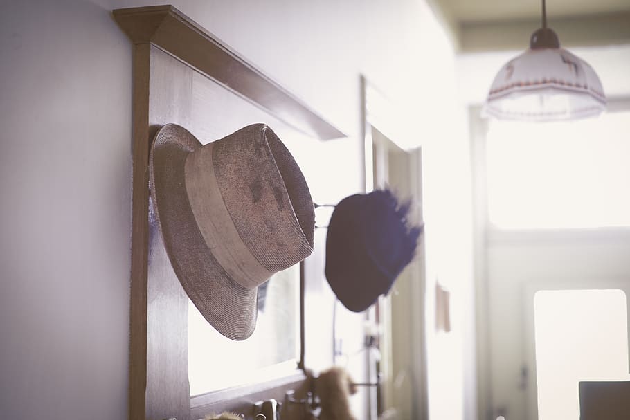 hanging, hats, vintage, hallway, lampshade, 50s, 1950, sun, dutch, old