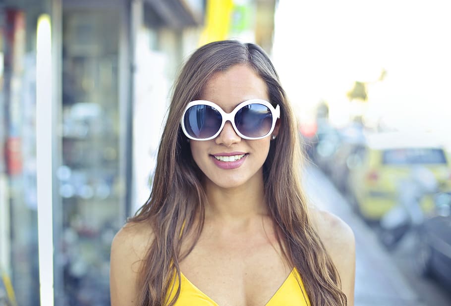 woman, sunglasses, smile, yellow, dress, fashion, girl, female, people, street