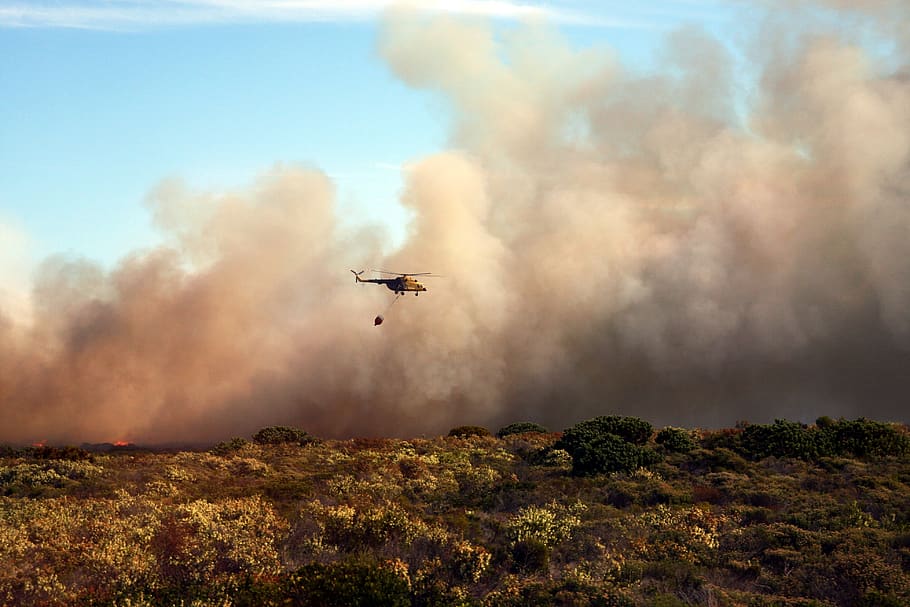 bush fire, helicopter, fire, smoke, fire delete, flying, sky, air vehicle, mid-air, nature