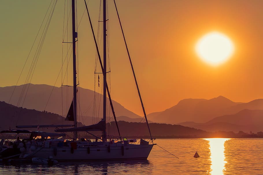 vela, barco, yate, sol, puesta de sol, vacaciones, cielo, agua, velero, naranja