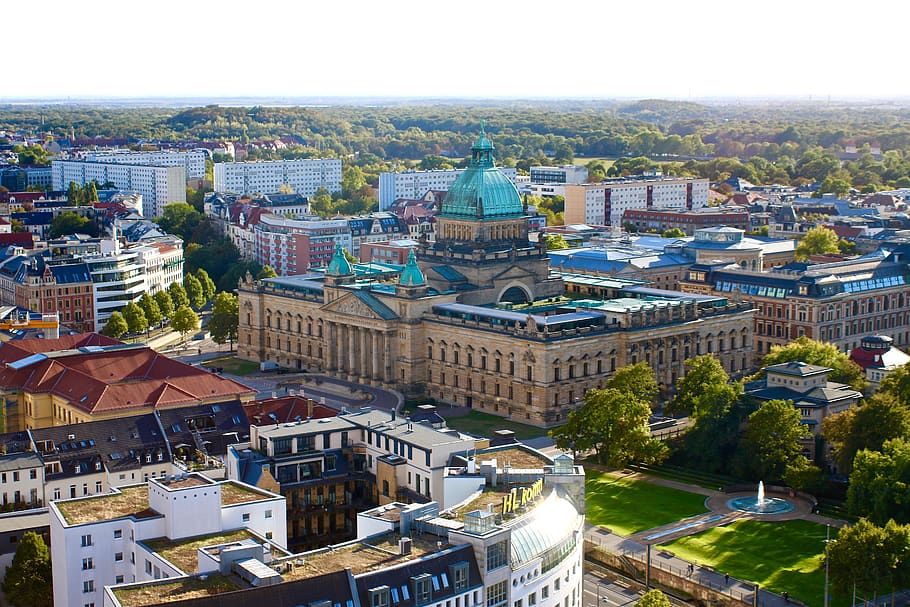 Leipzig, panorama, ciudad, centro de la ciudad, tribunal administrativo supremo, paisaje urbano, arquitectura, casas, edificio, horizonte