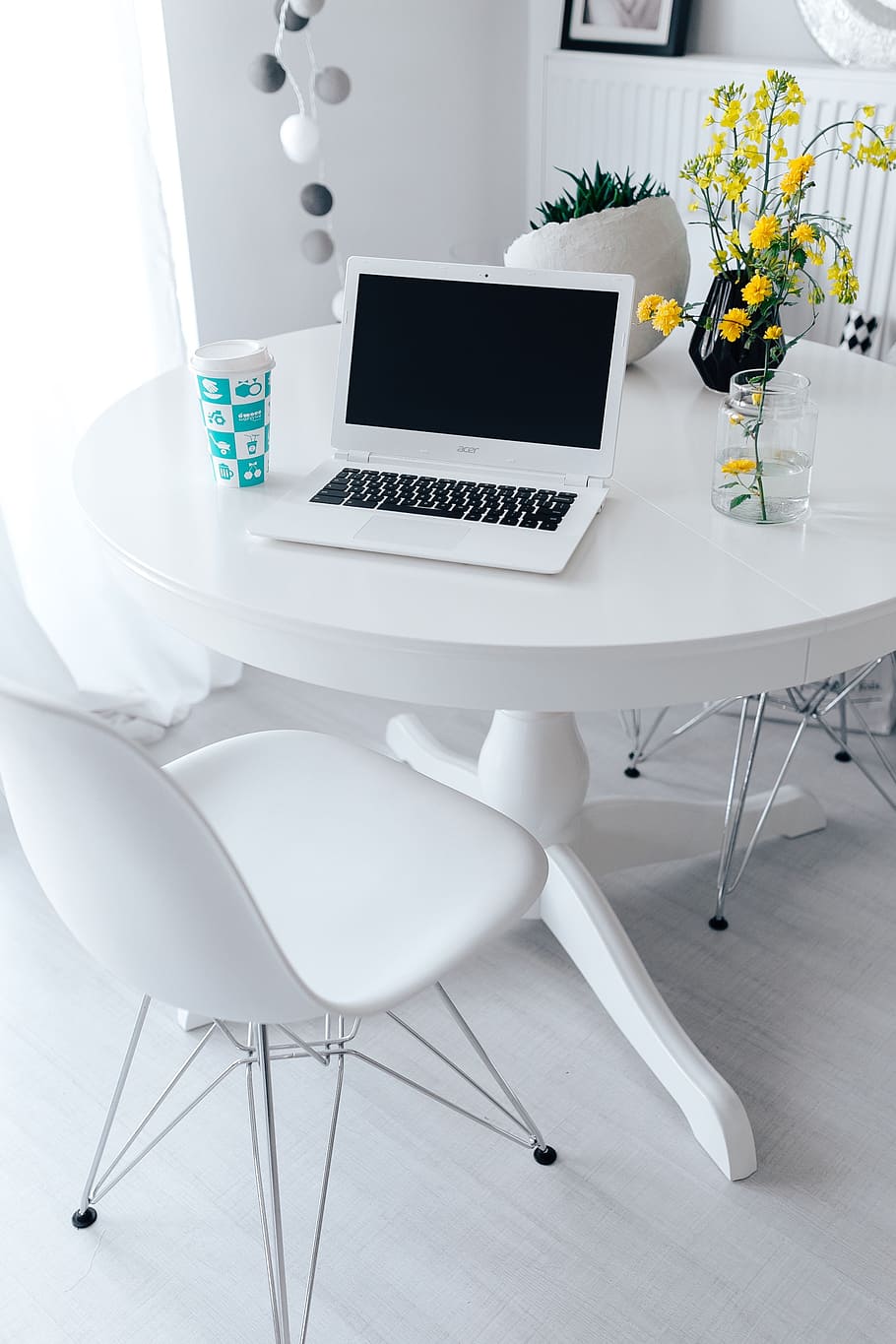 tempat kerja, laptop, meja, rumah, interior, minimal, minimalis, ruang, putih, kantor