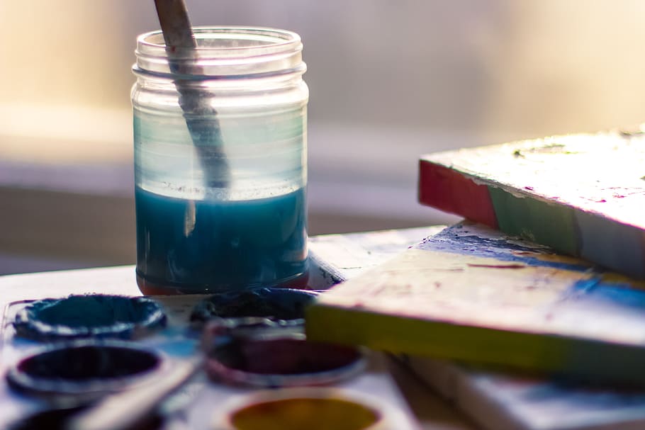 clean, paint, brush, blue, glass, jar, easel, color, studio, office