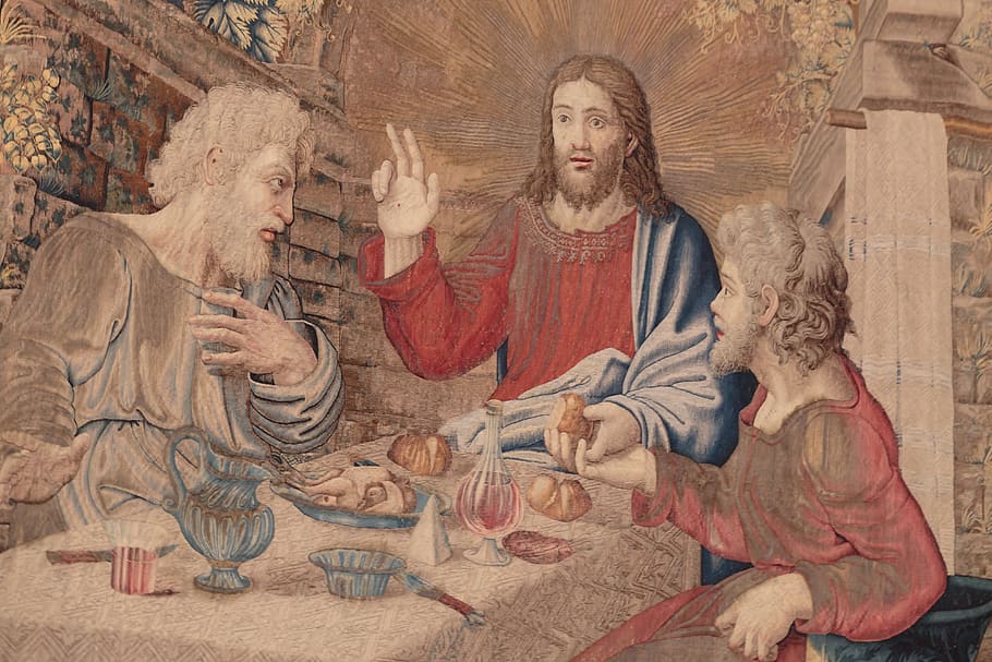 dinner, jesus, emmaus, eucharist, bread and wine, blessing, gospel, sacred, apparition, miracle