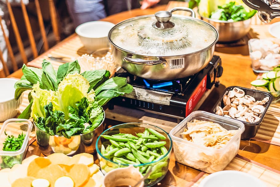 hot pot, table, veggies, pot, hot, food, asian, cooking, cuisine, dinner