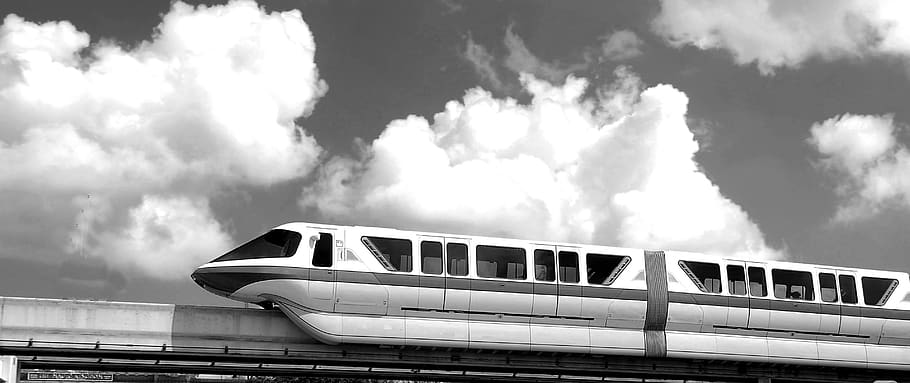 mono rail, tren, tranvía, transporte, monorraíl, pista, movimiento, tránsito, futurista, personas en movimiento