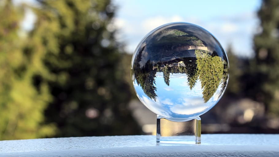 refraction, nature, view, blue sky, sky, ball, landscape, clouds, blue, reflection