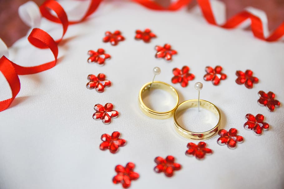 cincin untuk pernikahan, berbagai, pernikahan, perayaan, perhiasan, merah, berwarna emas, cincin kawin, emas, cinta