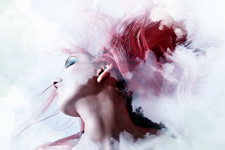 woman, clouds, double exposure, abstract, art, colors, imagination, person, painting, splashes