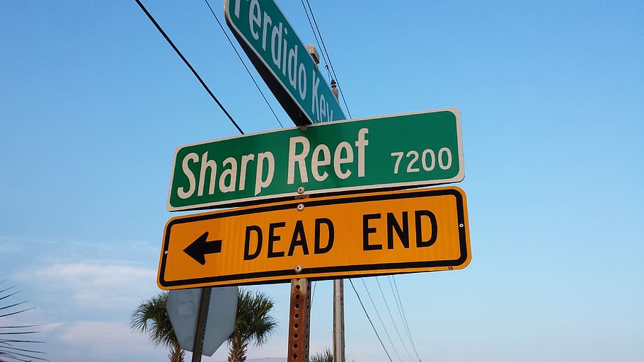 sharp, reef, dead, end, street, sign, perdido, road, sky, text