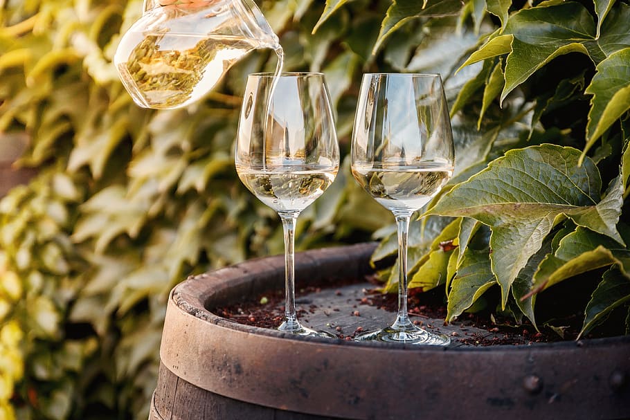 wine barrel, two, glasses, white, vineyard, food and drink, glass, leaf, drink, refreshment