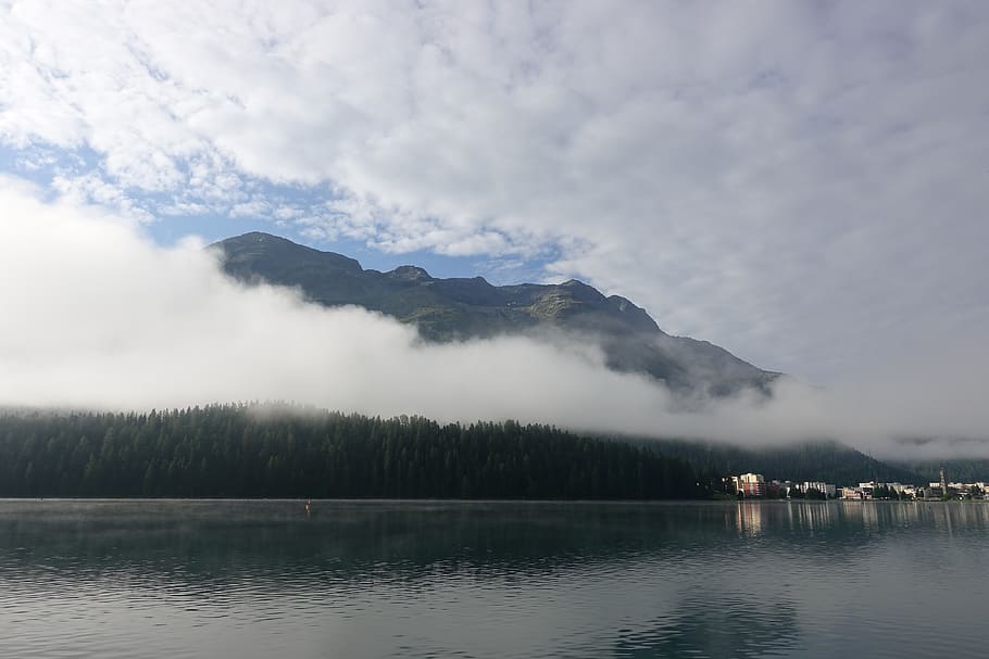 switzerland, st moritz, lake, fog, water, beauty in nature, scenics - nature, tranquil scene, tranquility, cloud - sky
