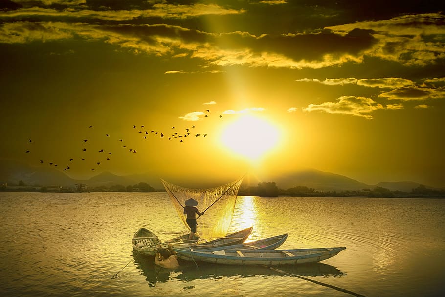 sky, clouds, fisherman, sun, sea, reflection, water, sunset, beauty in nature, nautical vessel