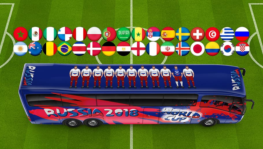 Copa mundial de fútbol 2018, fútbol, ​​rusia 2018, rusia, autobús, autobús del equipo, equipos, participantes, fifa, Texto