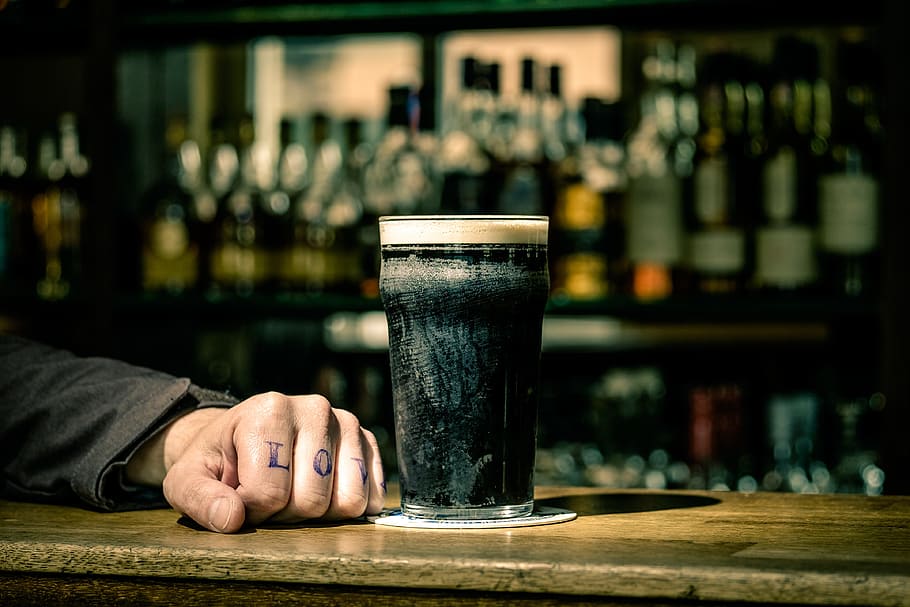 stout, bar, beer, dark, drink, guinness, pub, food and drink, refreshment, human hand