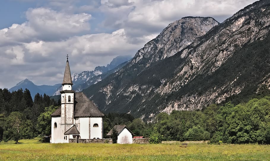 landscape, the alps, mountains, view, church, alpine, nature, austria, meadow, summer