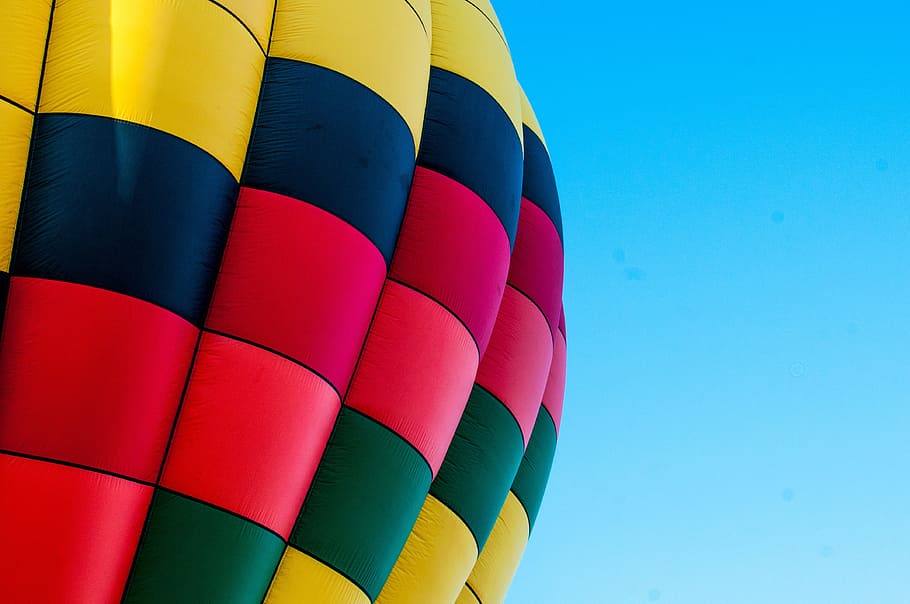 hot air balloon, blue, sky, travel, transportation, colors, colours, multi colored, balloon, air vehicle