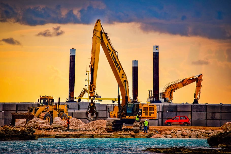 construction site, working, sea, heavy machines, sky, machine, sunset, afternoon, water, machinery
