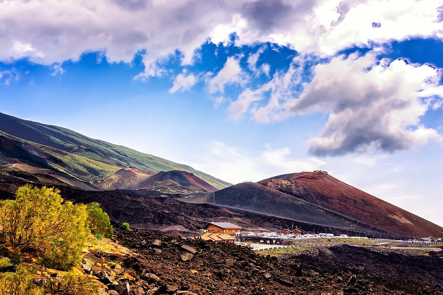 volcano, mountain, lava, etna, sicily, italy, catania, clouds, hiking, magma