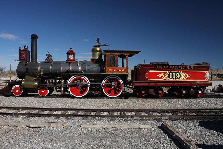 train, transcontinental railroad, 119, steam engine, engine, coal car, promontory, utah, steam, railway