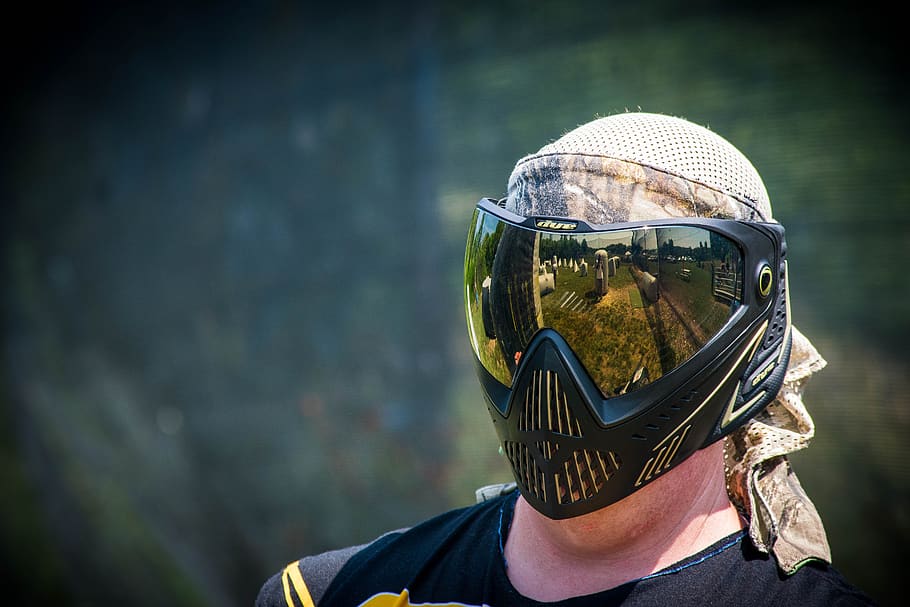 mask, paintball, lens, player, paint, extreme, equipment, team, outdoor, headwrap